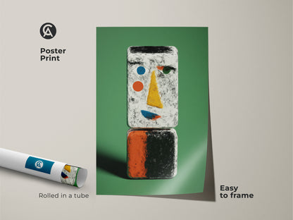 Poster print of an abstract figurative print. The green contemporary canvas features minimalist face art. This abstract face poster is easy to frame. It's a unique modern artwork.