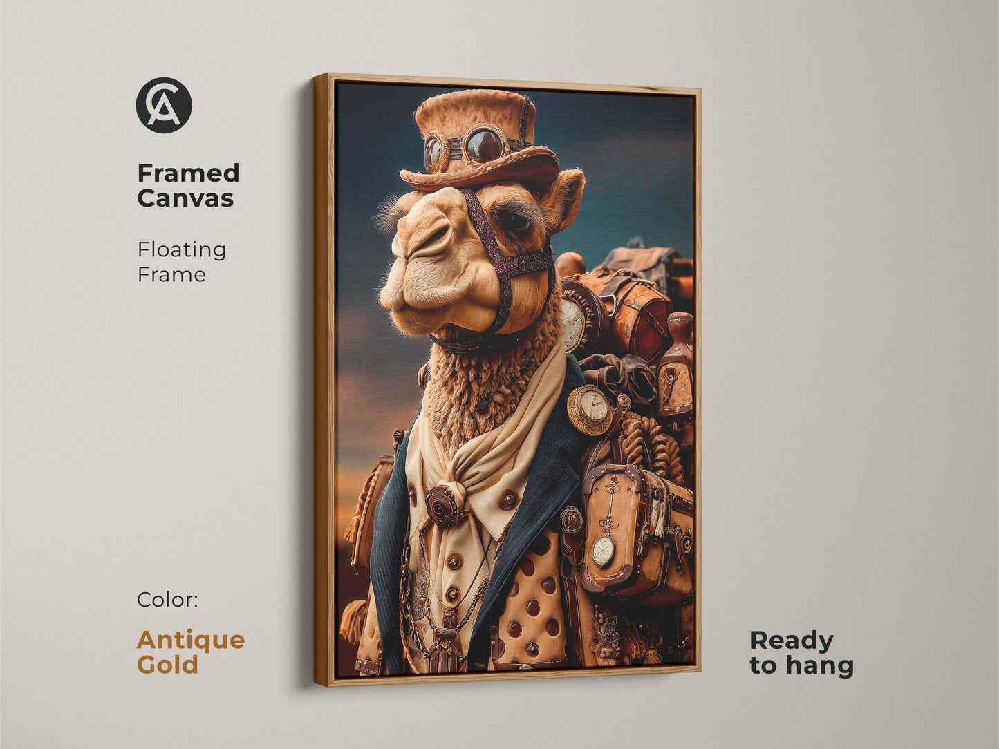 Framed Canvas Steampunk Camel art. Antique Gold floating frame enhances the camel with goggles and pocket watches. This Camel with Top Hat Canvas is ready to hang. Makes a Unique Gift for Him.