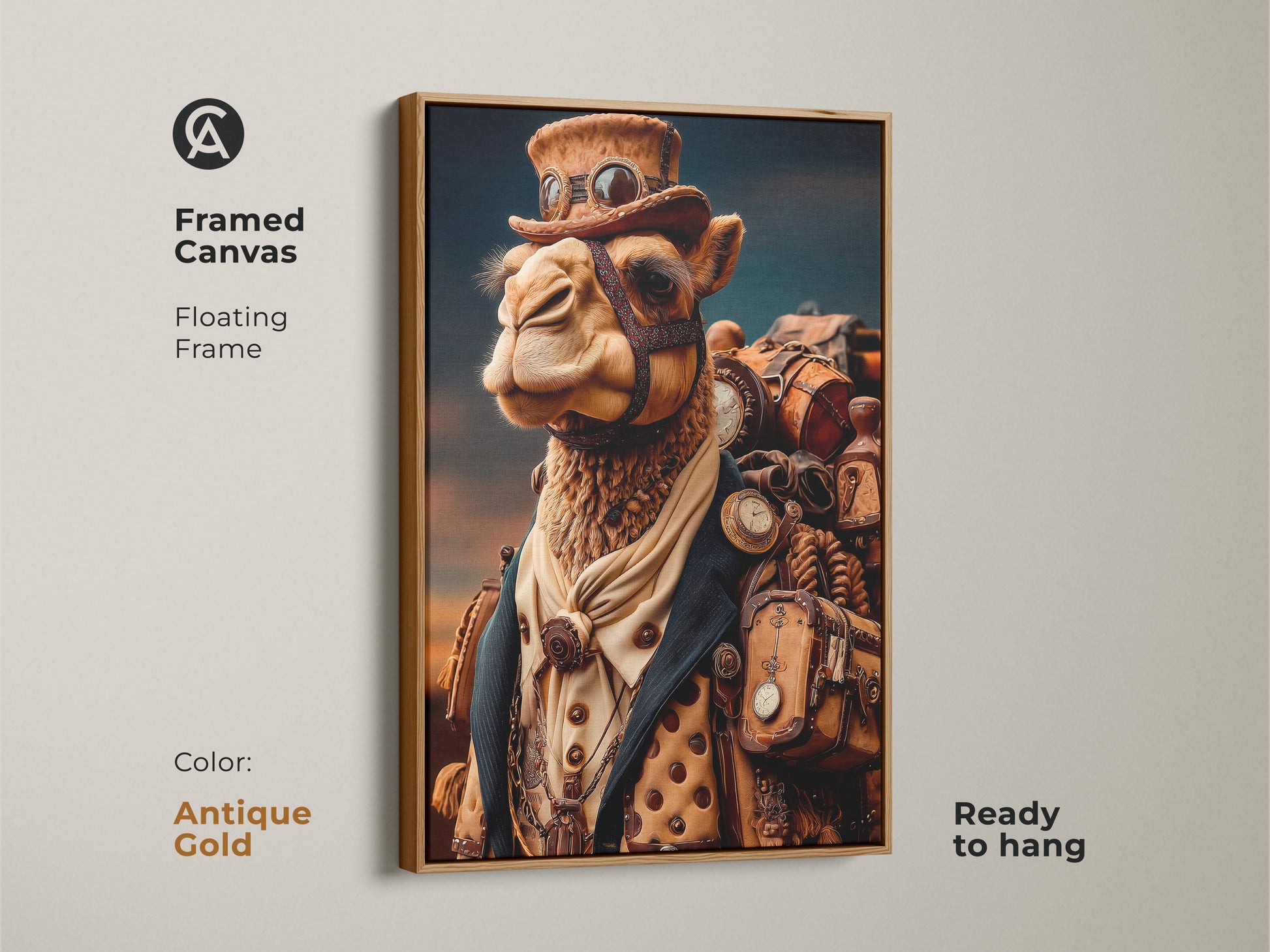 Framed Canvas Steampunk Camel art. Antique Gold floating frame enhances the camel with goggles and pocket watches. This Camel with Top Hat Canvas is ready to hang. Makes a Unique Gift for Him.