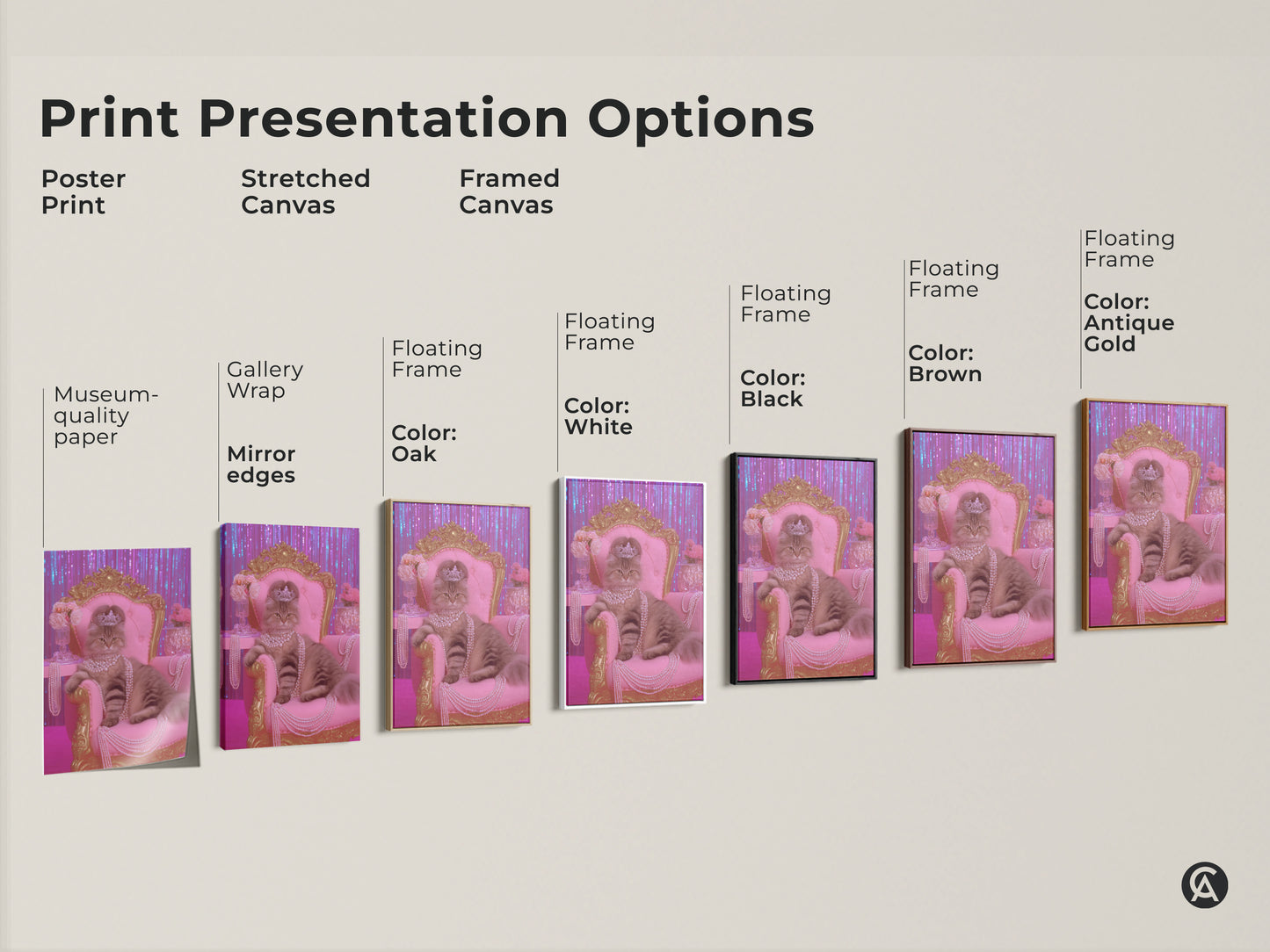 Explore print presentation options for the pink gold crowned cat art. Choose from poster prints to stretched canvas and framed canvas. Find the perfect style for your glam cat wall art. Options include floating frames in black brown antique gold and white. Enhance your eclectic bedroom today.