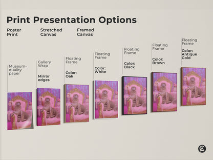 Explore print presentation options for the pink gold crowned cat art. Choose from poster prints to stretched canvas and framed canvas. Find the perfect style for your glam cat wall art. Options include floating frames in black brown antique gold and white. Enhance your eclectic bedroom today.
