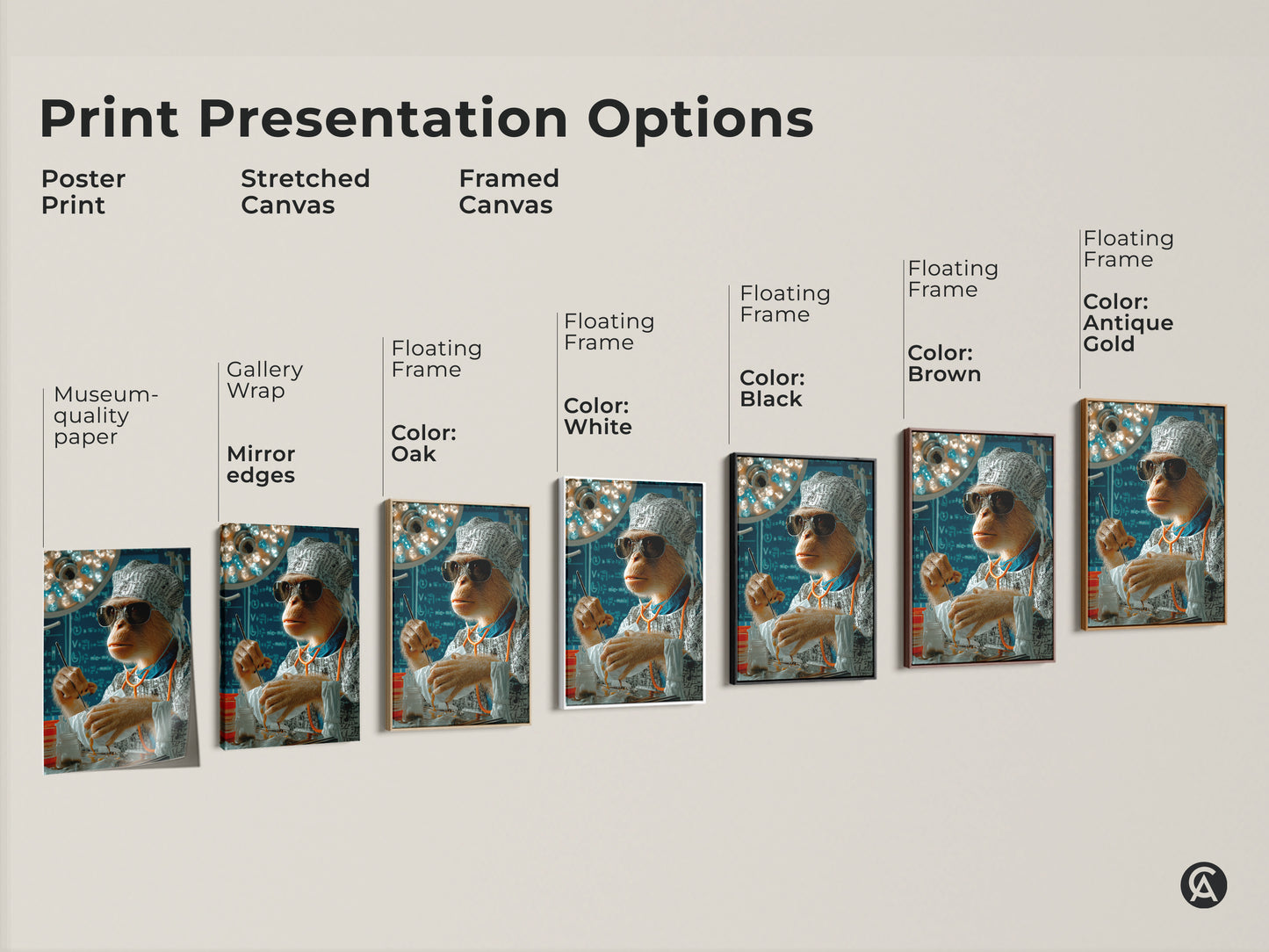 Print presentation options for a surreal surgeon monkey artwork. Options include poster stretched canvas and framed canvas prints. Different floating frame colors such as black brown antique gold and oak are shown. Find the perfect piece for your medical office wall art.