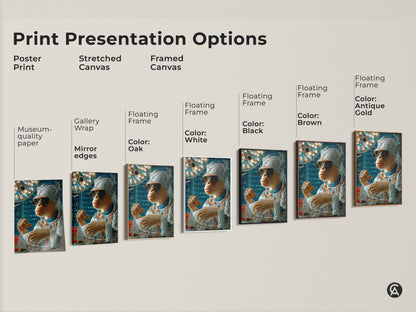 Print presentation options for a surreal surgeon monkey artwork. Options include poster stretched canvas and framed canvas prints. Different floating frame colors such as black brown antique gold and oak are shown. Find the perfect piece for your medical office wall art.
