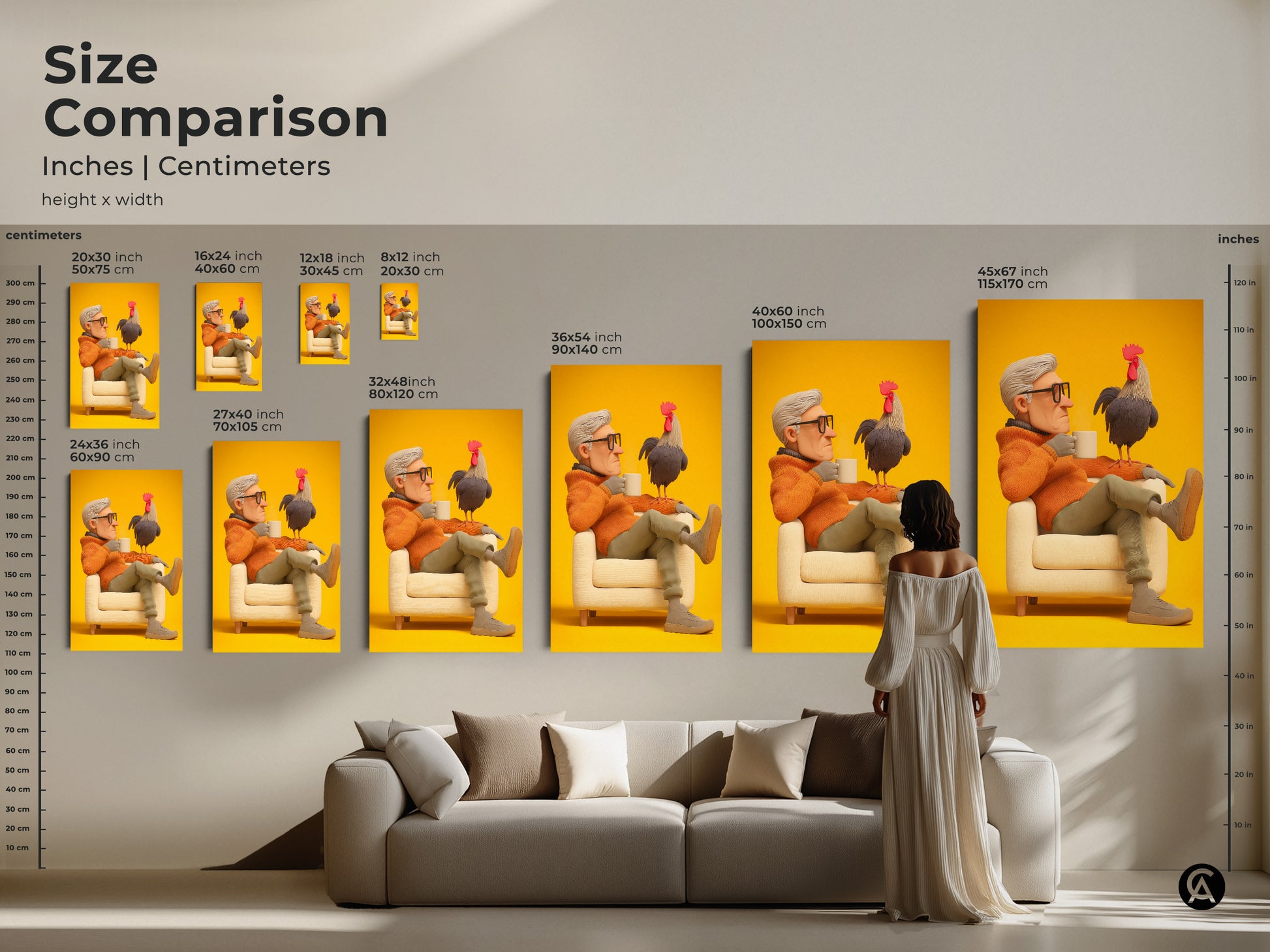 Size comparison of the grandfather and rooster artwork in inches and centimeters. Various sizes displayed in a living room setting. This unique art print is perfect for eclectic decor. A great conversation starter wall art. Ideal as a gift for him birthday.
