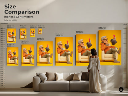 Size comparison of the grandfather and rooster artwork in inches and centimeters. Various sizes displayed in a living room setting. This unique art print is perfect for eclectic decor. A great conversation starter wall art. Ideal as a gift for him birthday.