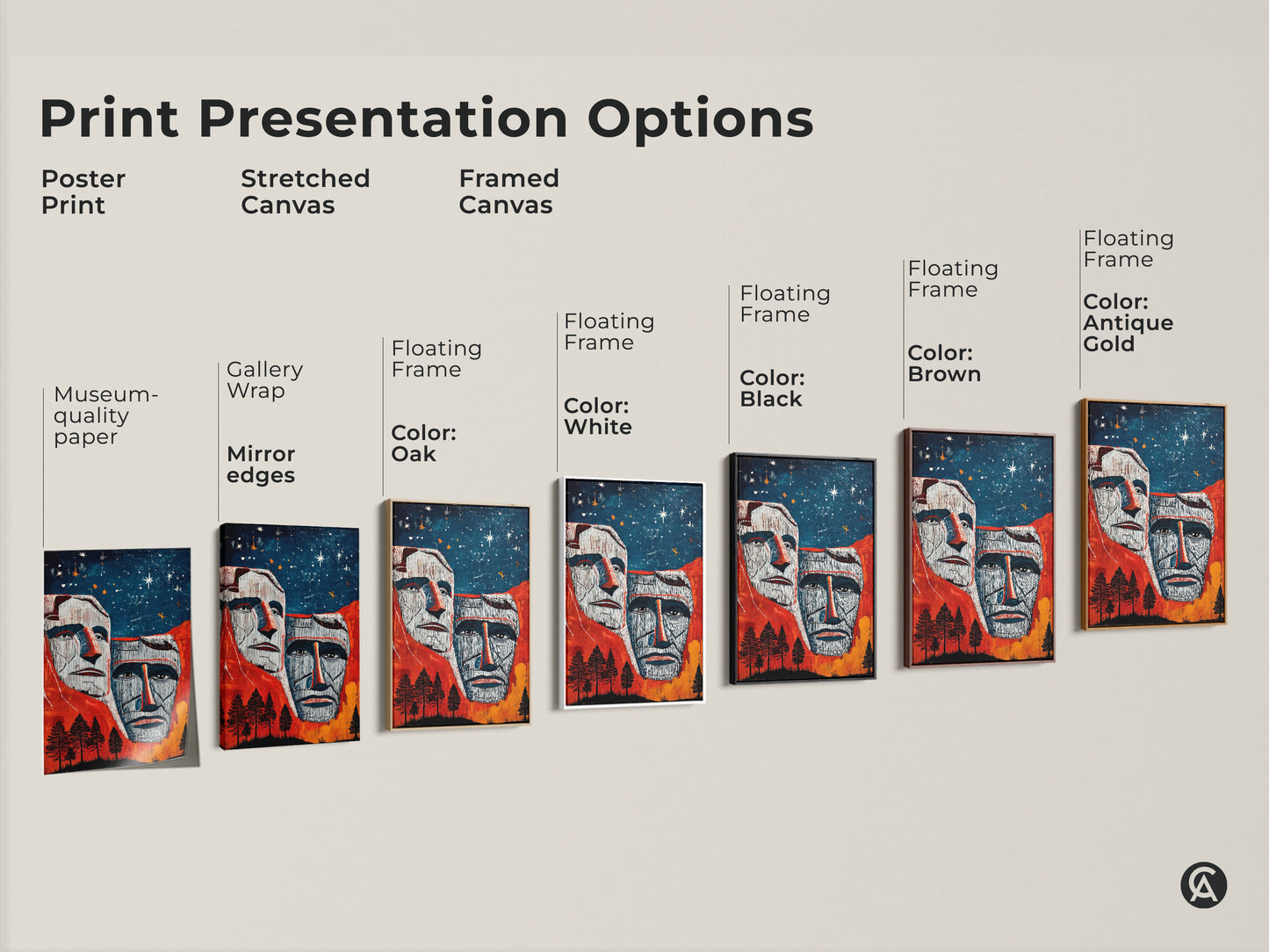 Print presentation options of Mount Rushmore art. Choose from poster print stretched canvas or framed canvas. Each presents the American Presidents art uniquely. Red blue orange landscape options available. Select eclectic wall art that matches your style. Perfect for history-inspired homes.