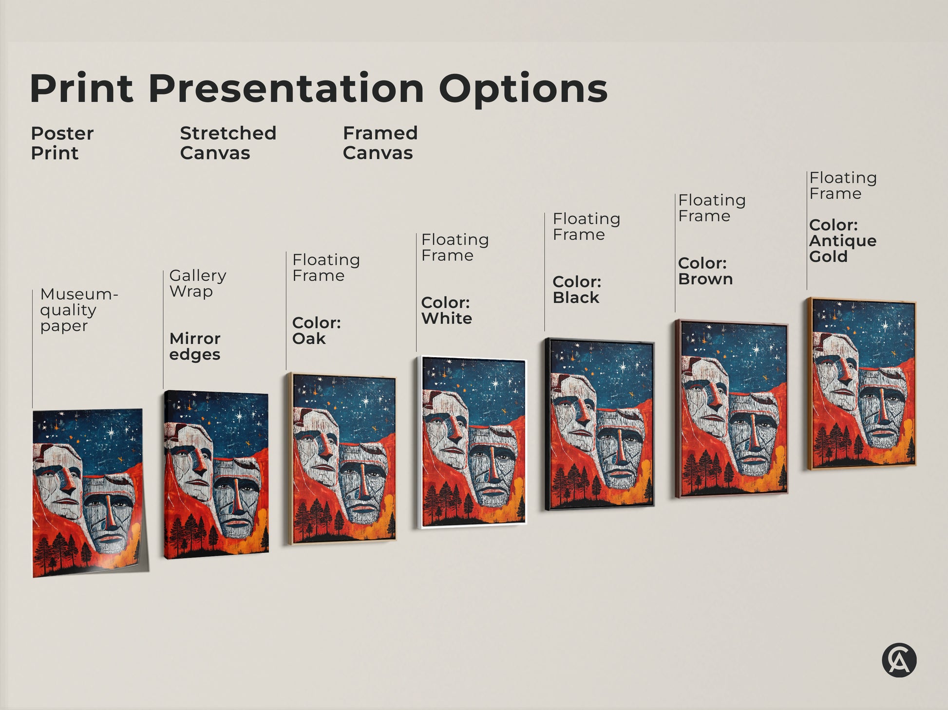Print presentation options of Mount Rushmore art. Choose from poster print stretched canvas or framed canvas. Each presents the American Presidents art uniquely. Red blue orange landscape options available. Select eclectic wall art that matches your style. Perfect for history-inspired homes.