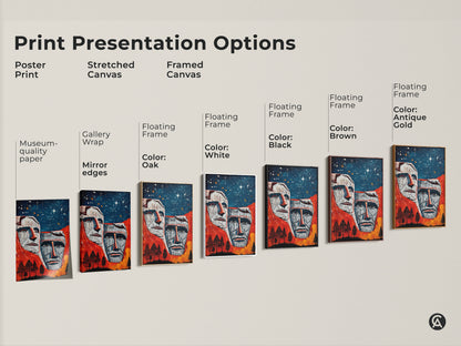 Print presentation options of Mount Rushmore art. Choose from poster print stretched canvas or framed canvas. Each presents the American Presidents art uniquely. Red blue orange landscape options available. Select eclectic wall art that matches your style. Perfect for history-inspired homes.