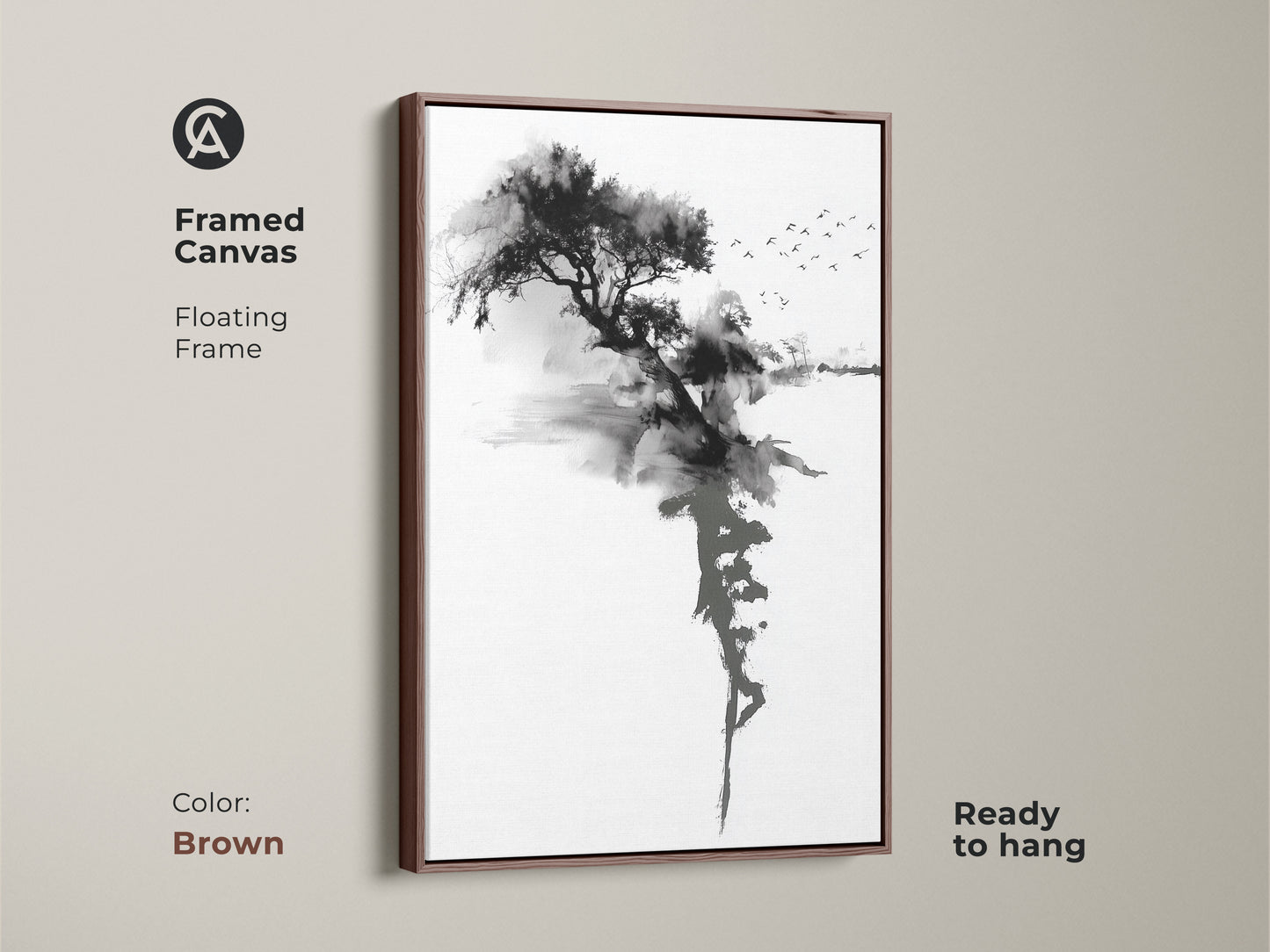 Brown framed canvas featuring Ink Wash Tree art print. The minimalist black and white Sumi-e landscape creates a zen ambiance. Birds fly over this peaceful nature wall decor. Ready to hang in your bedroom.