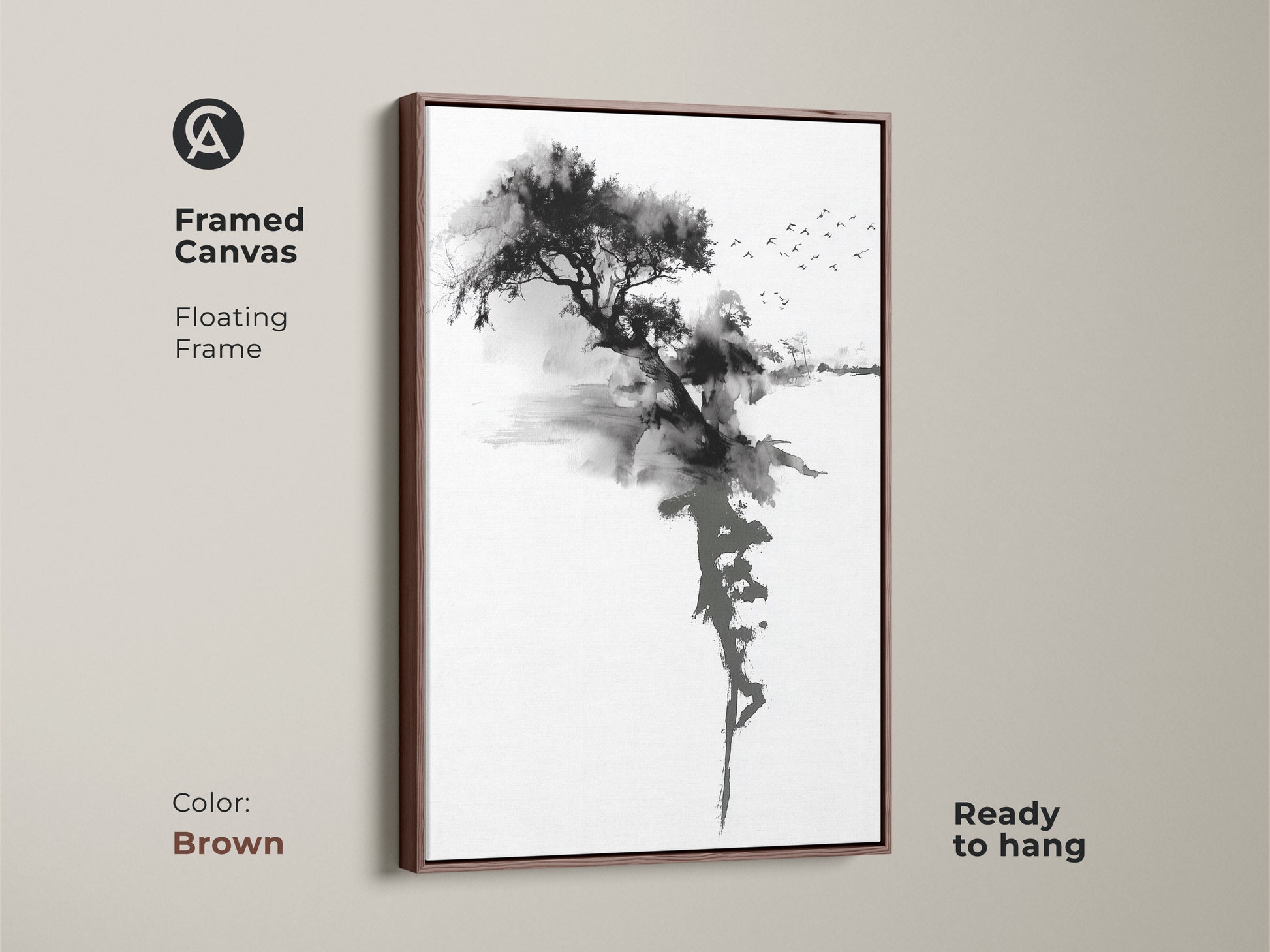 Brown framed canvas featuring Ink Wash Tree art print. The minimalist black and white Sumi-e landscape creates a zen ambiance. Birds fly over this peaceful nature wall decor. Ready to hang in your bedroom.