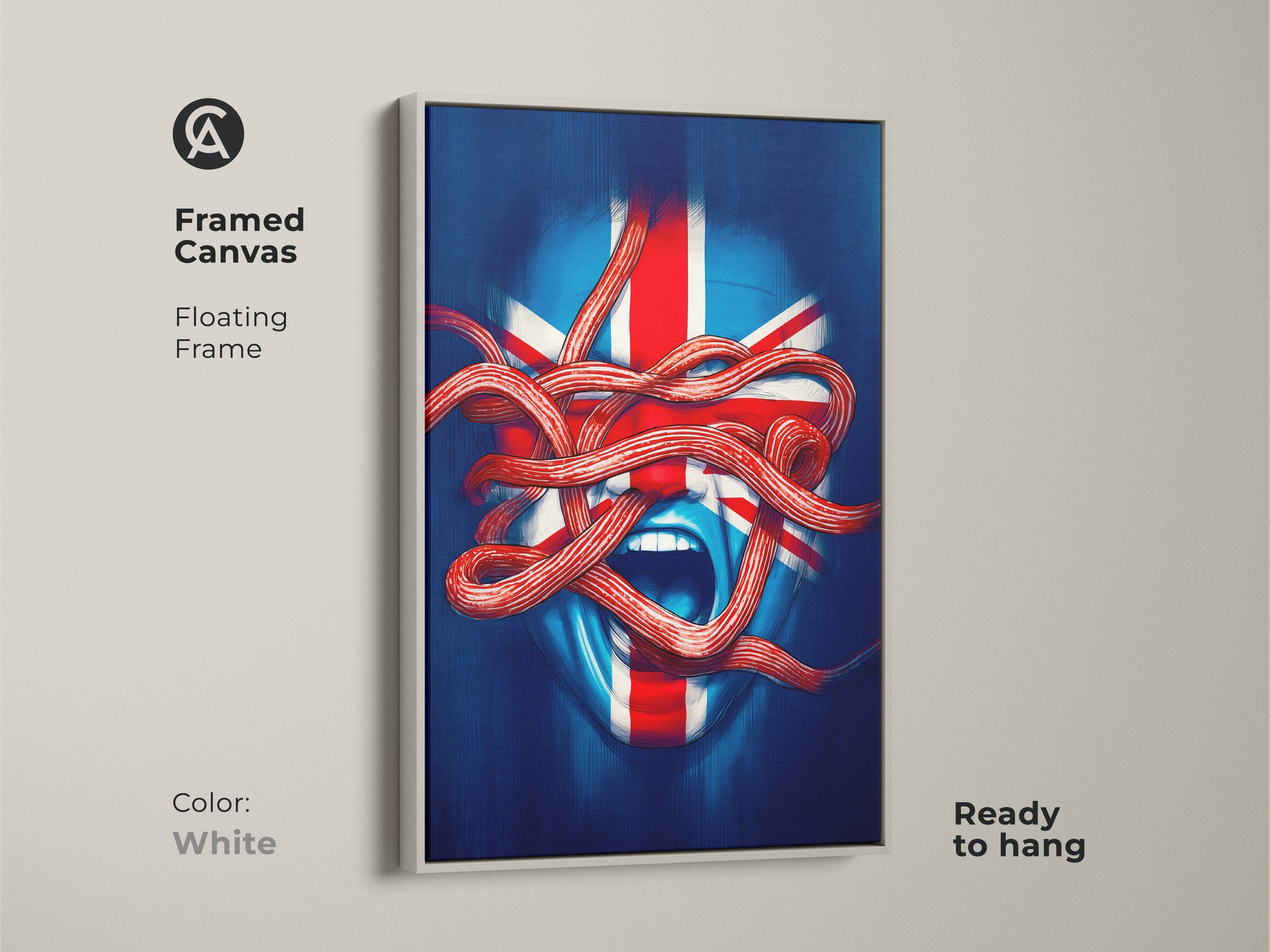 Framed canvas of Union Jack face artwork with a floating white frame. Ready to hang modern surrealism piece adds bold decor to any room. The blue red white abstract art shows patriotic British flavor. Eclectic wall decor.