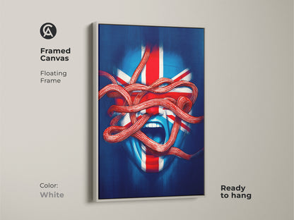 Framed canvas of Union Jack face artwork with a floating white frame. Ready to hang modern surrealism piece adds bold decor to any room. The blue red white abstract art shows patriotic British flavor. Eclectic wall decor.