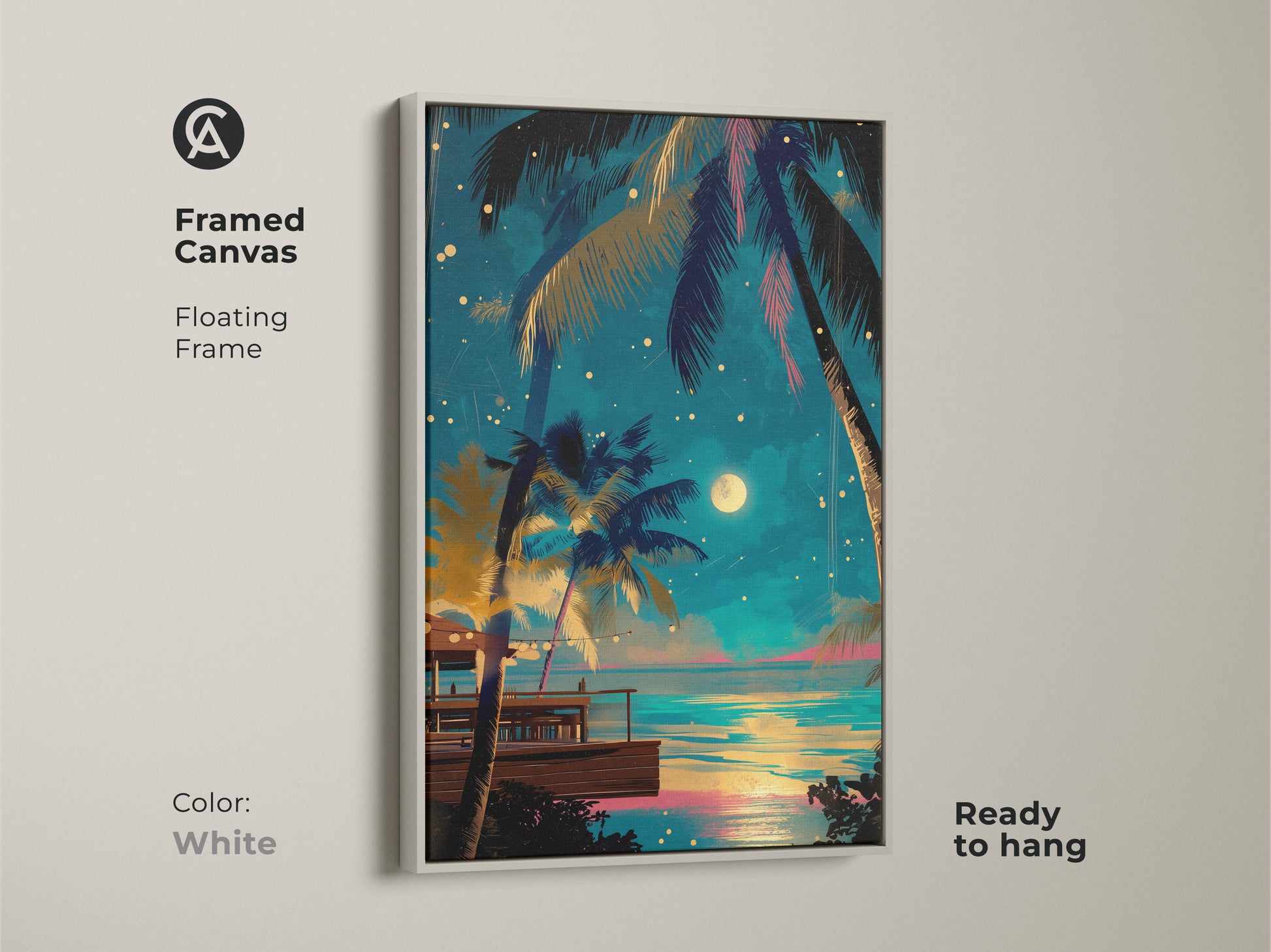 Framed Canvas featuring a dreamy tropical night scene with a white floating frame. This boho beach wall art highlights deep blue and golden yellow tones. Ready to hang this coastal artwork enhances any living room.
