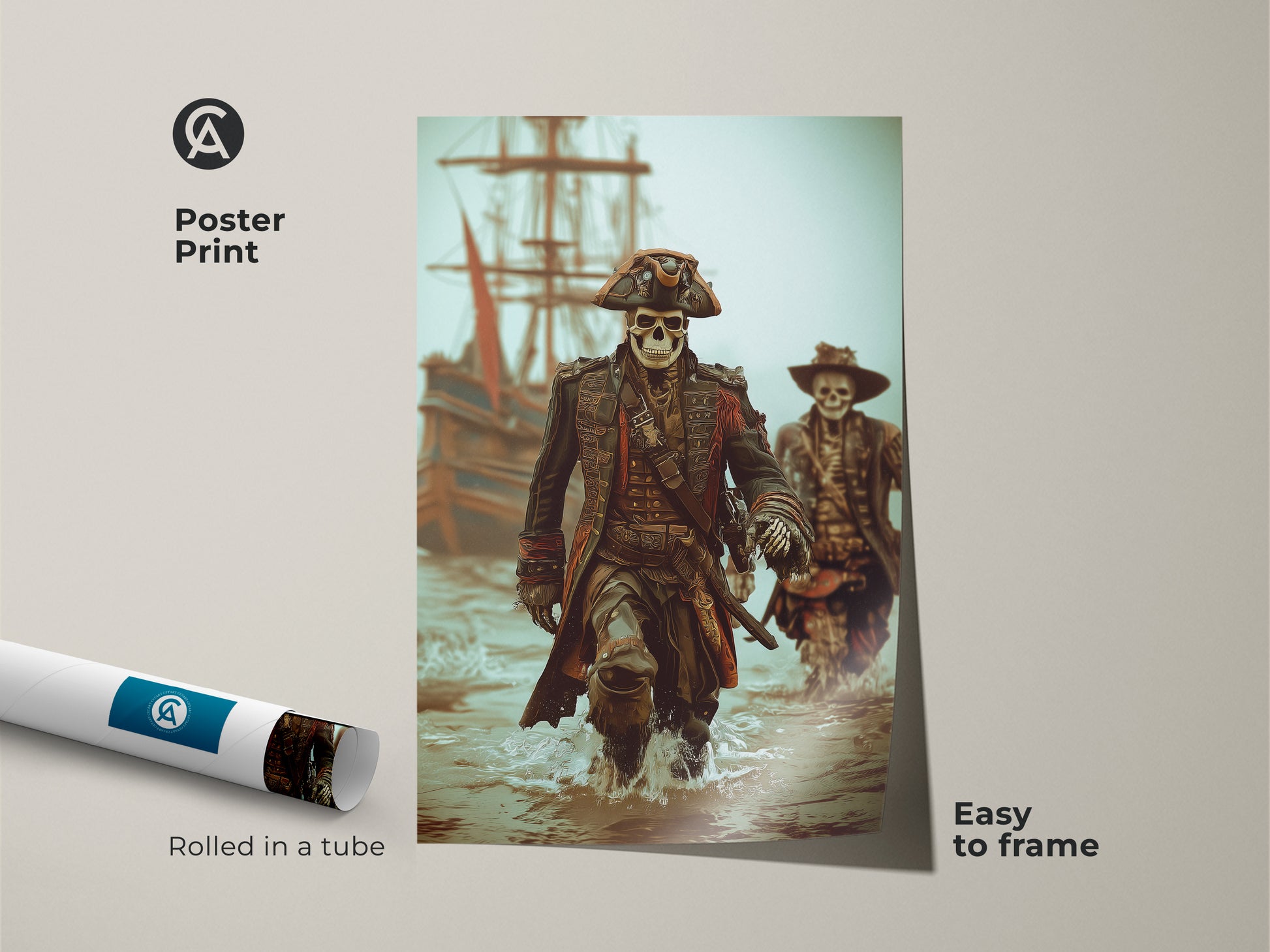 Poster Print of a Skeleton Pirate Captain leading his crew ashore. This gothic nautical fantasy artwork is rolled in a tube and easy to frame. The dark brown teal tones enhance its eclectic pirate print style. Perfect for dark academia decor nautical office art or Halloween.