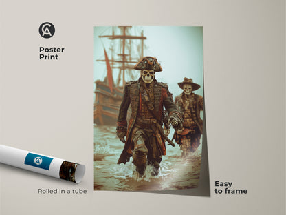 Poster Print of a Skeleton Pirate Captain leading his crew ashore. This gothic nautical fantasy artwork is rolled in a tube and easy to frame. The dark brown teal tones enhance its eclectic pirate print style. Perfect for dark academia decor nautical office art or Halloween.