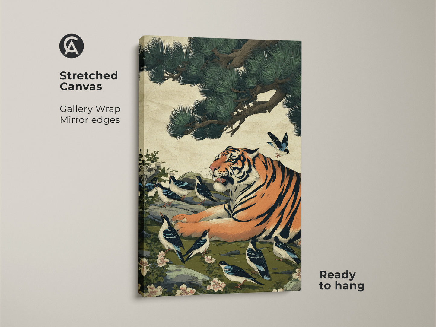 Stretched canvas print of a tiger and birds in Asian style. Ready to hang this wildlife canvas print features a gallery wrap. Mirror edges enhance the eclectic home decor art. A unique housewarming gift.