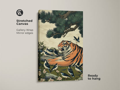 Stretched canvas print of a tiger and birds in Asian style. Ready to hang this wildlife canvas print features a gallery wrap. Mirror edges enhance the eclectic home decor art. A unique housewarming gift.