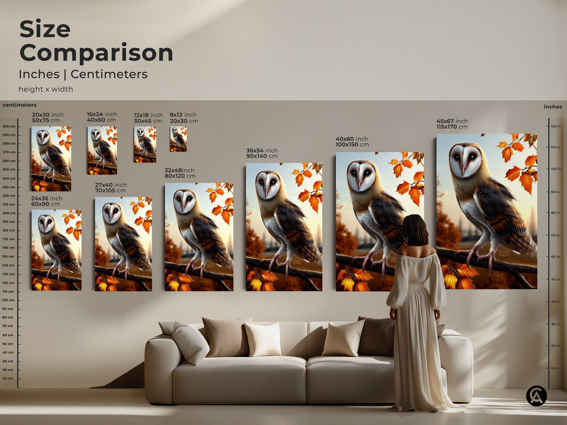 Size comparison of barn owl artwork prints in inches and centimeters. Various sizes are displayed above a sofa. Choose the ideal dimensions for your wall. Perfect rustic home accent.