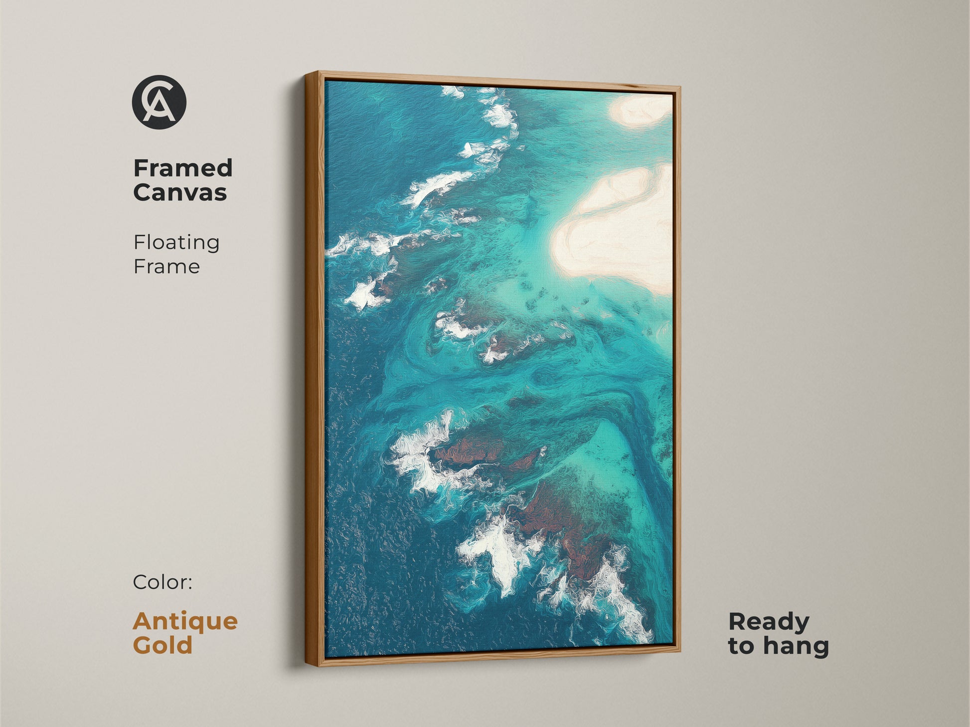 Framed canvas showcasing abstract aerial ocean art. Antique gold floating frame highlights the turquoise beach wall art. The deep blue ocean artwork is ready to hang. Perfect for beach house wall decor.