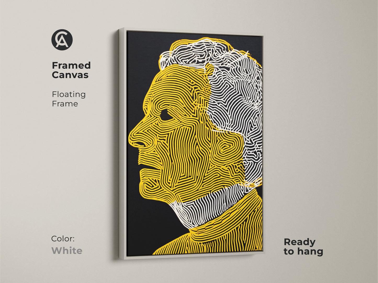 A framed canvas artwork with a white floating frame. The art features a man's profile. Yellow and white lines create a striking image against a black background. This framed print is ready for wall display.