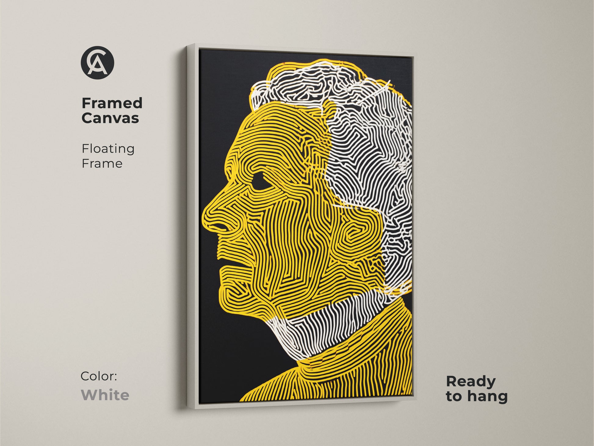 A framed canvas artwork with a white floating frame. The art features a man's profile. Yellow and white lines create a striking image against a black background. This framed print is ready for wall display.