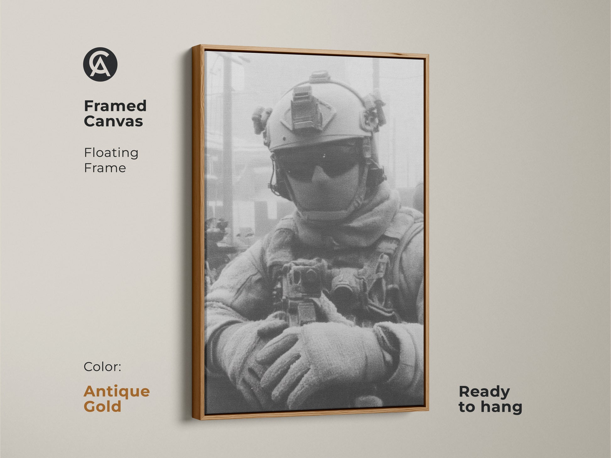 Framed canvas art featuring a soldier in tactical gear with an antique gold floating frame. This ready-to-hang artwork adds a classic and sophisticated touch with its military-themed subject.