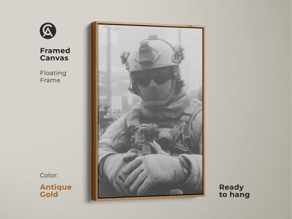 Framed canvas art featuring a soldier in tactical gear with an antique gold floating frame. This ready-to-hang artwork adds a classic and sophisticated touch with its military-themed subject.