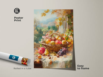 Poster print of a still life painting with an autumn fruit basket. The artwork includes vibrant apples pears grapes pomegranates & nuts. Rolled in a tube for easy framing. Perfect for fall harvest art collections.