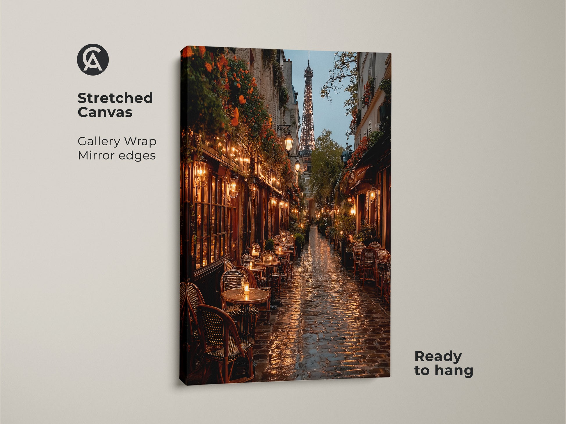 Stretched canvas art of a Paris street scene. The gallery wrap has mirror edges. The artwork shows the Eiffel Tower in the background. The canvas is ready to hang and enjoy.