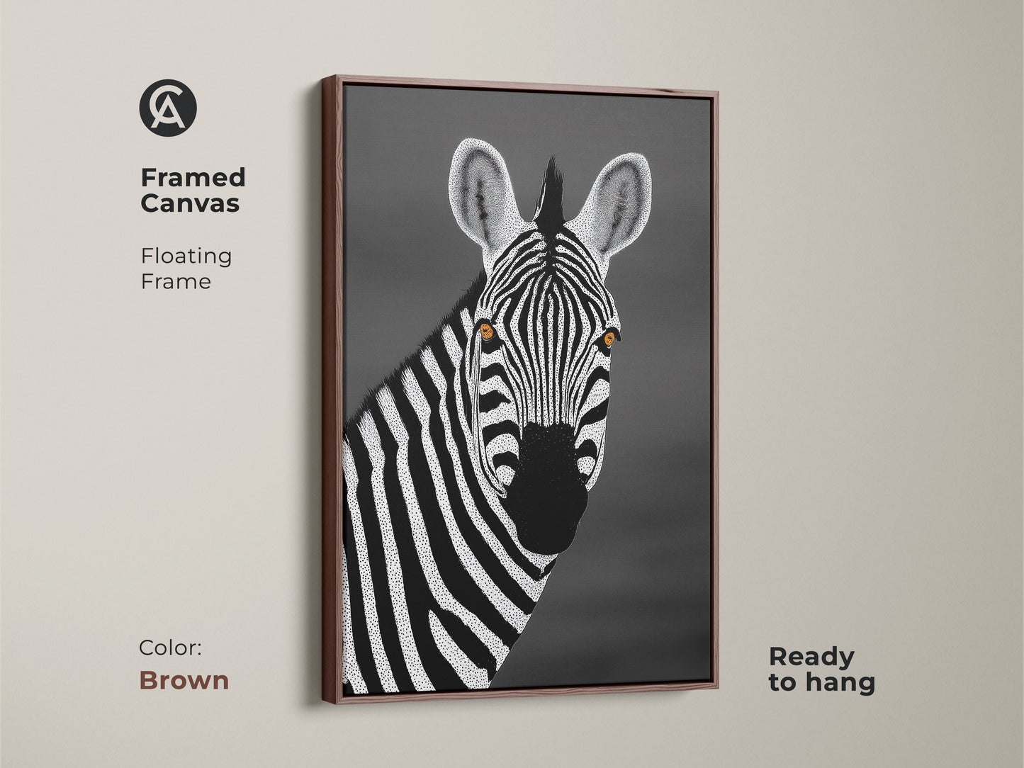 Brown framed canvas showcasing a monochrome zebra. Floating frame complements the minimalist dot style. This African wildlife portrait adds a touch of elegance. A great housewarming gift idea for safari lovers.