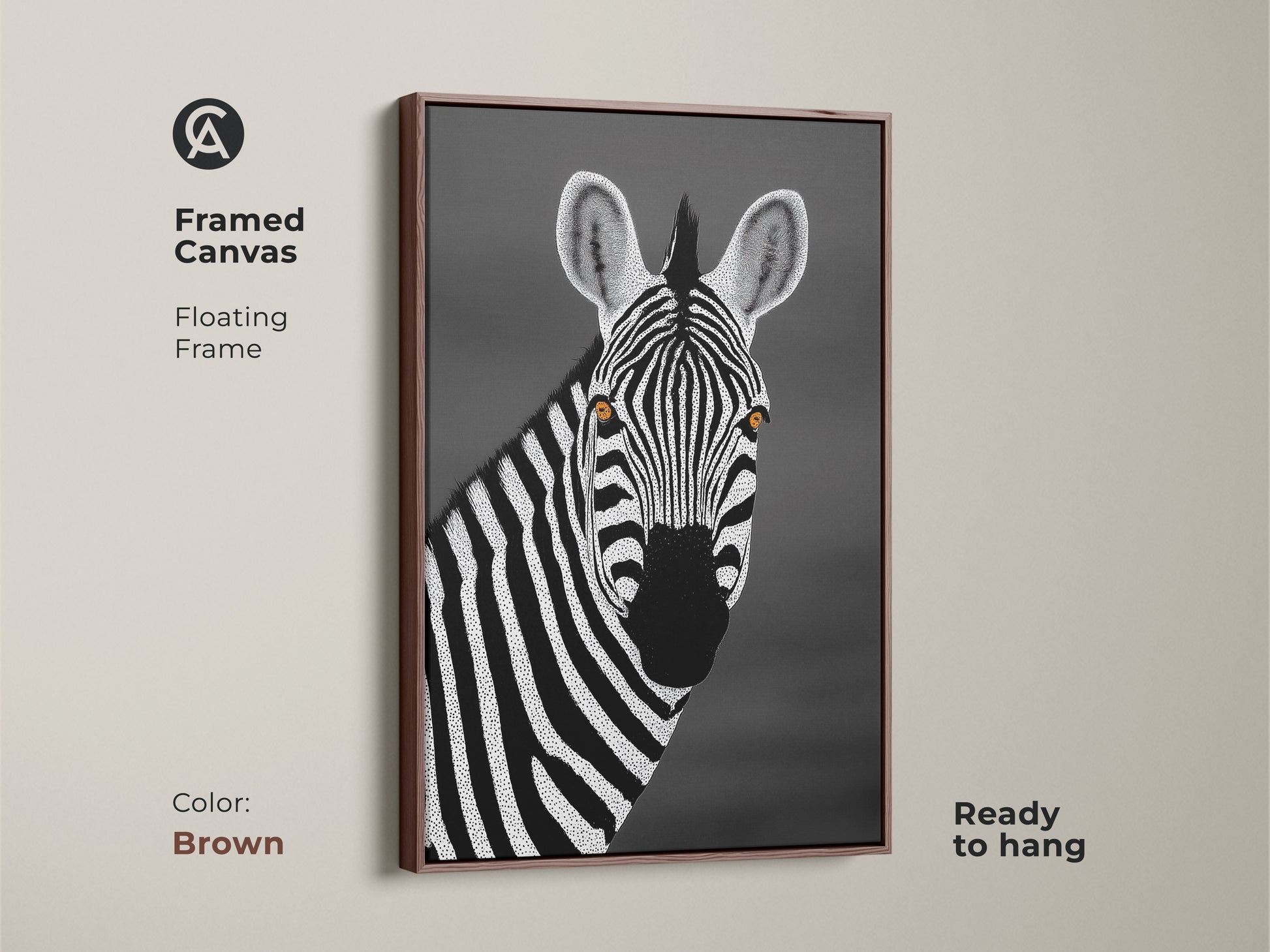 Brown framed canvas showcasing a monochrome zebra. Floating frame complements the minimalist dot style. This African wildlife portrait adds a touch of elegance. A great housewarming gift idea for safari lovers.