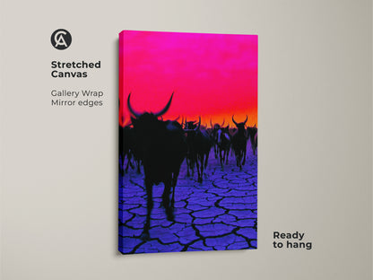 Stretched canvas artwork of a surreal cattle herd. Gallery-wrapped with mirrored edges. The magenta sky and cracked earth add a pop of color. Ready to hang. This piece is perfect for eclectic home decor.
