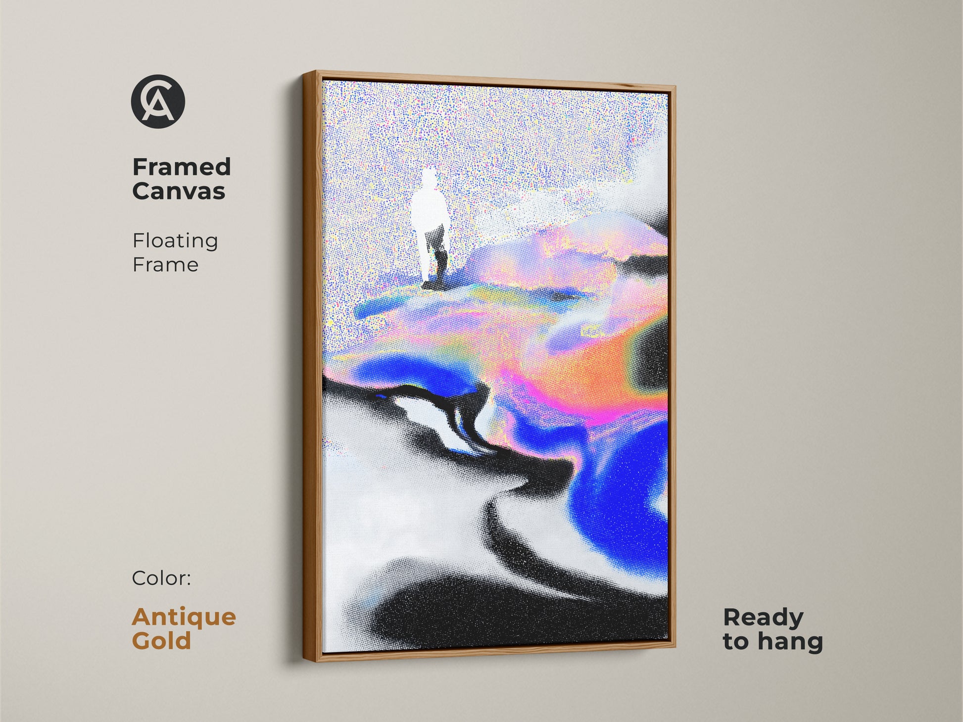 Framed canvas print of a surreal figure landscape. The floating frame is antique gold. A colorful abstract art piece ready to hang. Ideal for adding a touch of scandinavian style to your living space.
