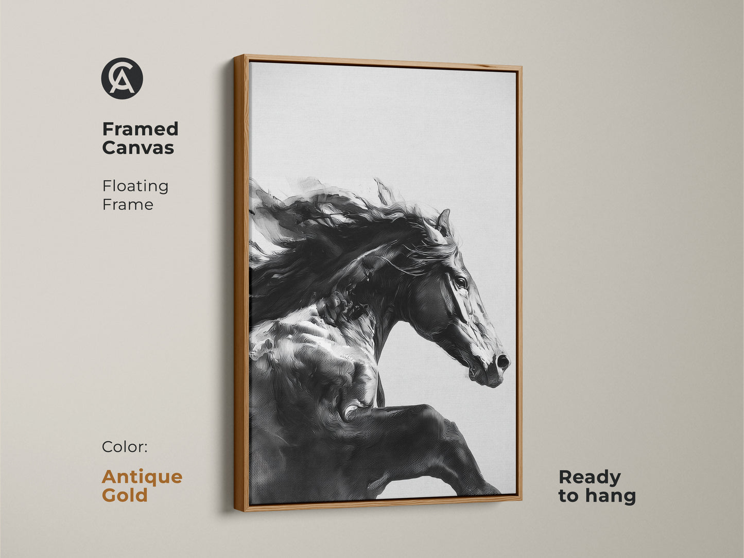 Framed black and white horse art with an antique gold floating frame. Ready to hang this equine artwork adds a touch of luxury. The galloping animal canvas is ideal for contemporary bedrooms. This horse racing art piece is a unique equestrian gift. Perfect for animal print wall art.
