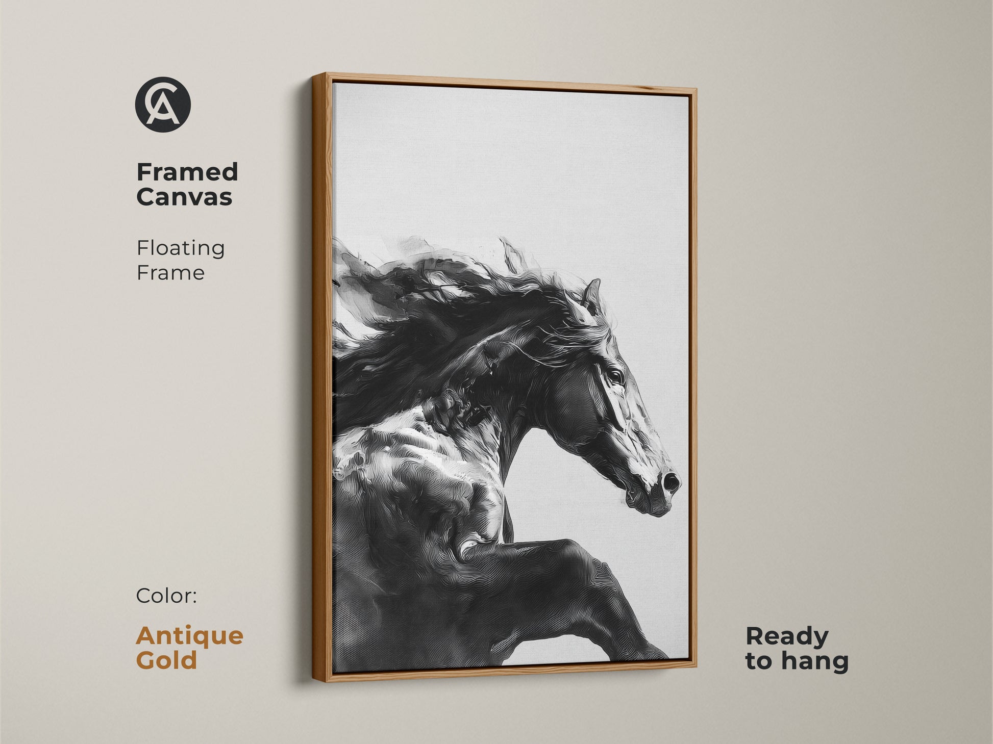 Framed black and white horse art with an antique gold floating frame. Ready to hang this equine artwork adds a touch of luxury. The galloping animal canvas is ideal for contemporary bedrooms. This horse racing art piece is a unique equestrian gift. Perfect for animal print wall art.