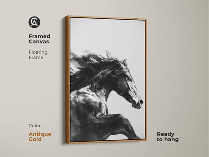 Framed black and white horse art with an antique gold floating frame. Ready to hang this equine artwork adds a touch of luxury. The galloping animal canvas is ideal for contemporary bedrooms. This horse racing art piece is a unique equestrian gift. Perfect for animal print wall art.