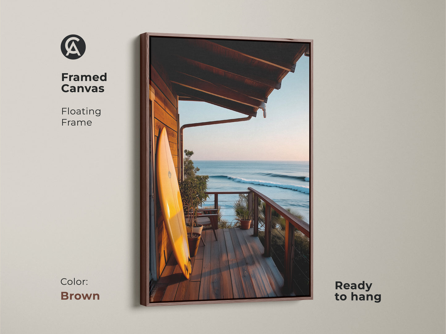 Framed canvas art shows a surfboard on a porch overlooking the ocean. This floating frame in brown enhances the coastal artwork. The ready-to-hang surf art brings a beach vibe to any space. Perfect for ocean-themed home decor. Enjoy this framed art print.