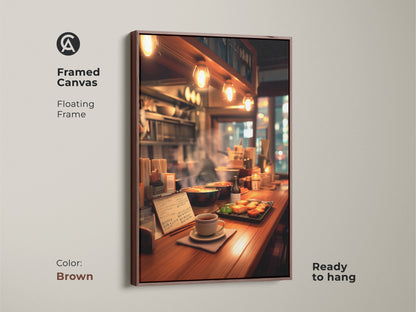 Framed canvas featuring a cozy ramen bar scene with a brown floating frame. Ready to hang this artwork brings the warmth of a Japanese eatery to your walls. Perfect for adding a touch of culinary art to your home decor