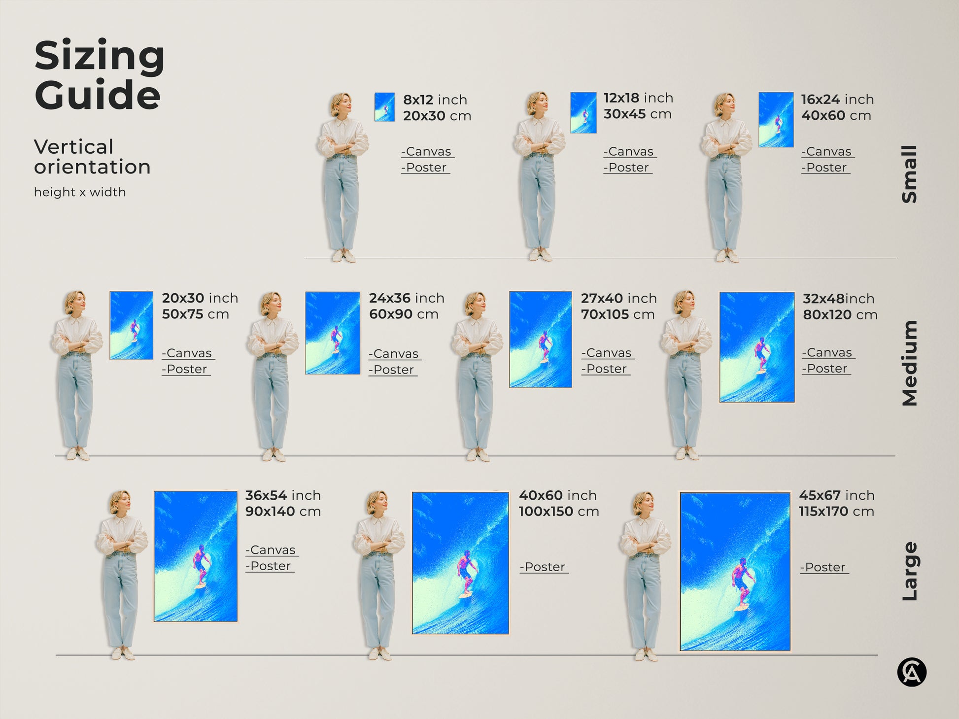 Sizing guide for deep blue ocean wave surfer art. See vertical orientation for canvas and poster prints. Find the perfect size from small to large. Visualize this coastal wall art in your modern bedroom decor.