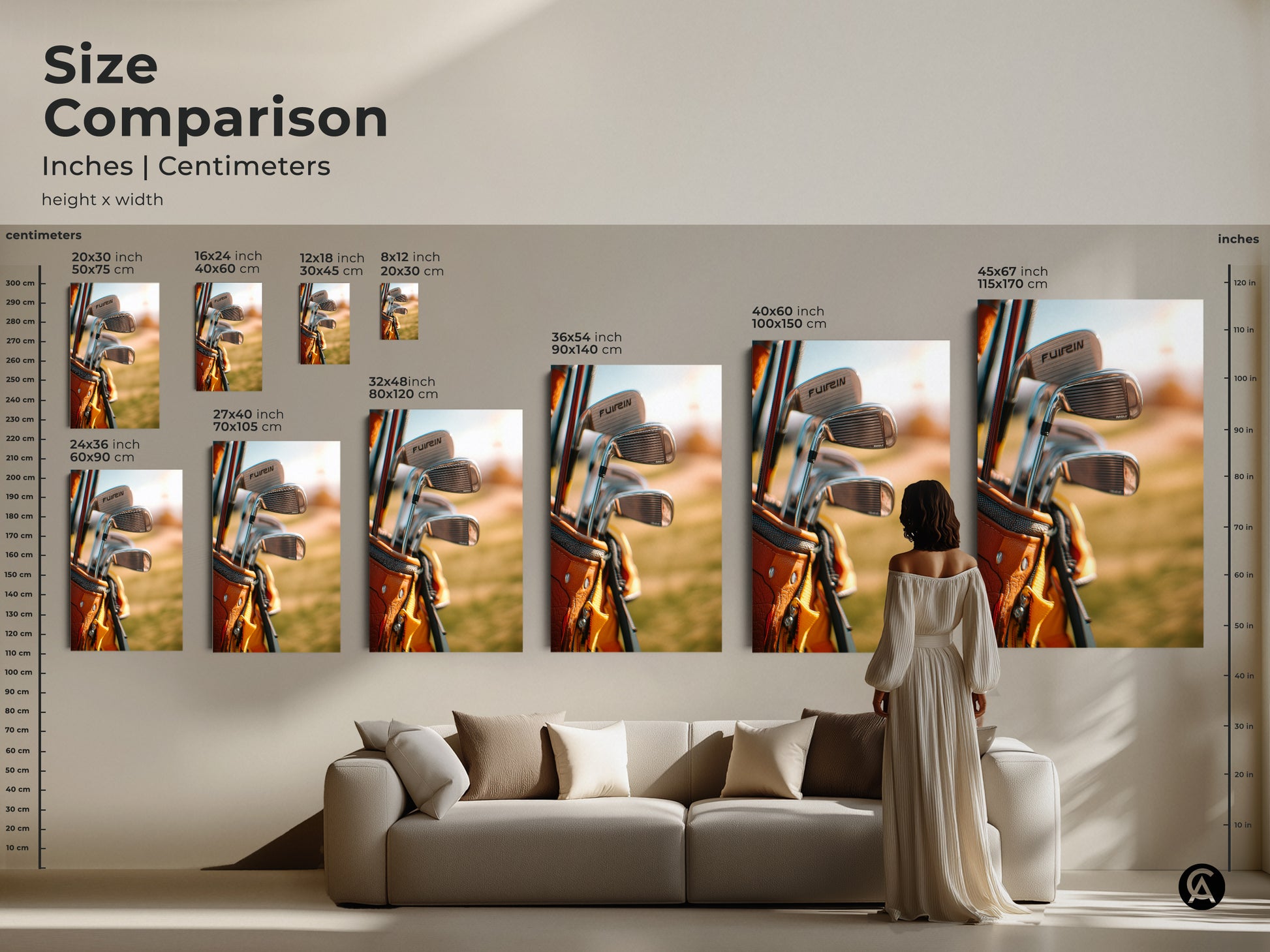 Size comparison of golf artwork in inches and centimeters. Visualize how different sizes will look in your home. Available in canvas and poster prints. From small to large find the perfect fit for your wall