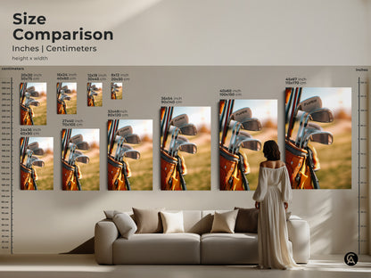 Size comparison of golf artwork in inches and centimeters. Visualize how different sizes will look in your home. Available in canvas and poster prints. From small to large find the perfect fit for your wall