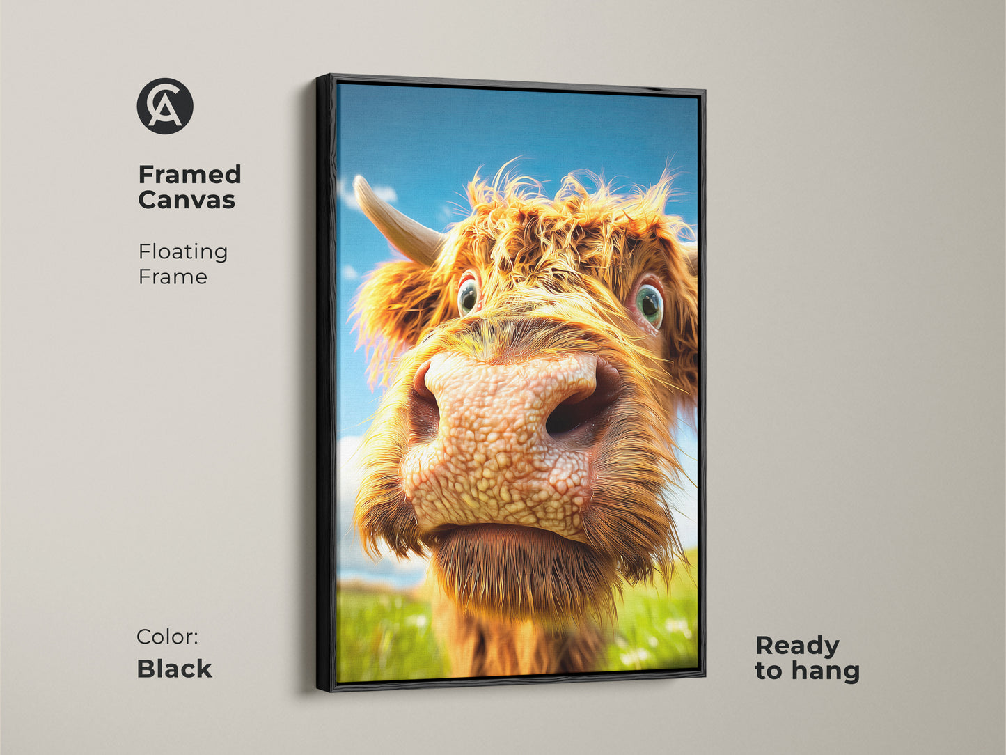 This framed canvas art features a Highland Cow. It is ready to hang. This floating frame in black enhances the expressive animal artwork. Perfect as orange brown cattle painting