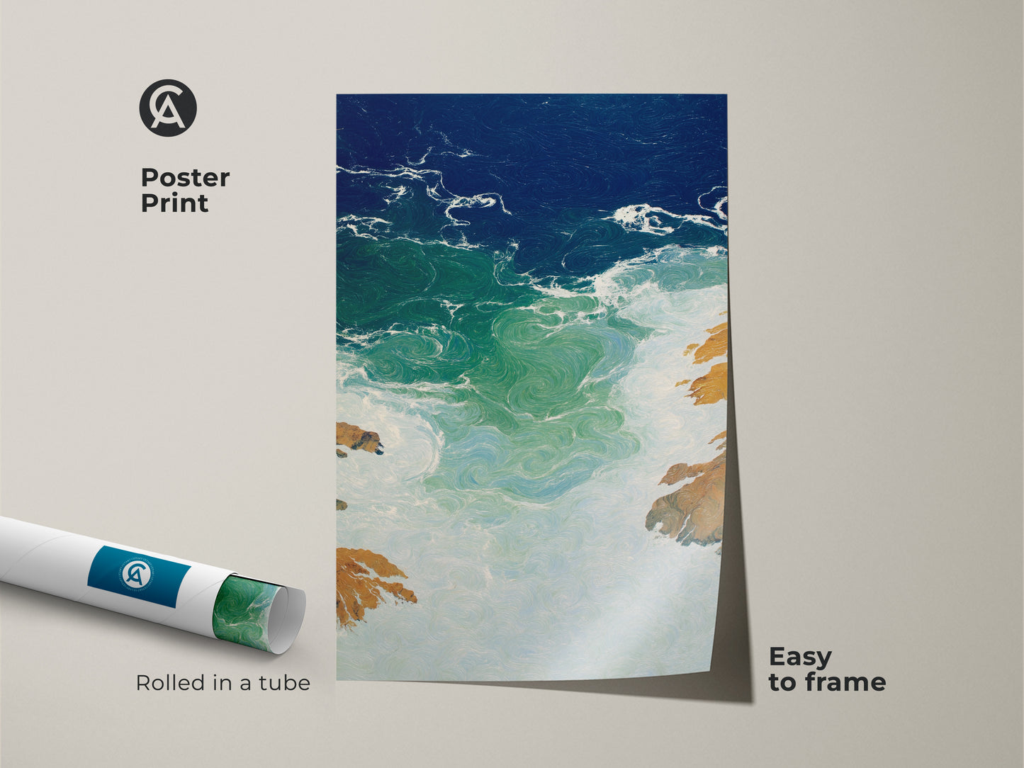 A poster print shows deep blue emerald seascape art rolled in a tube. Easy to frame abstract coastline canvas showcases coastal modern wall art. The abstract ocean waves artwork is perfect for a beach lover. Enhance your space with emerald green ocean print or teal blue wave artwork. It's a great housewarming gift.