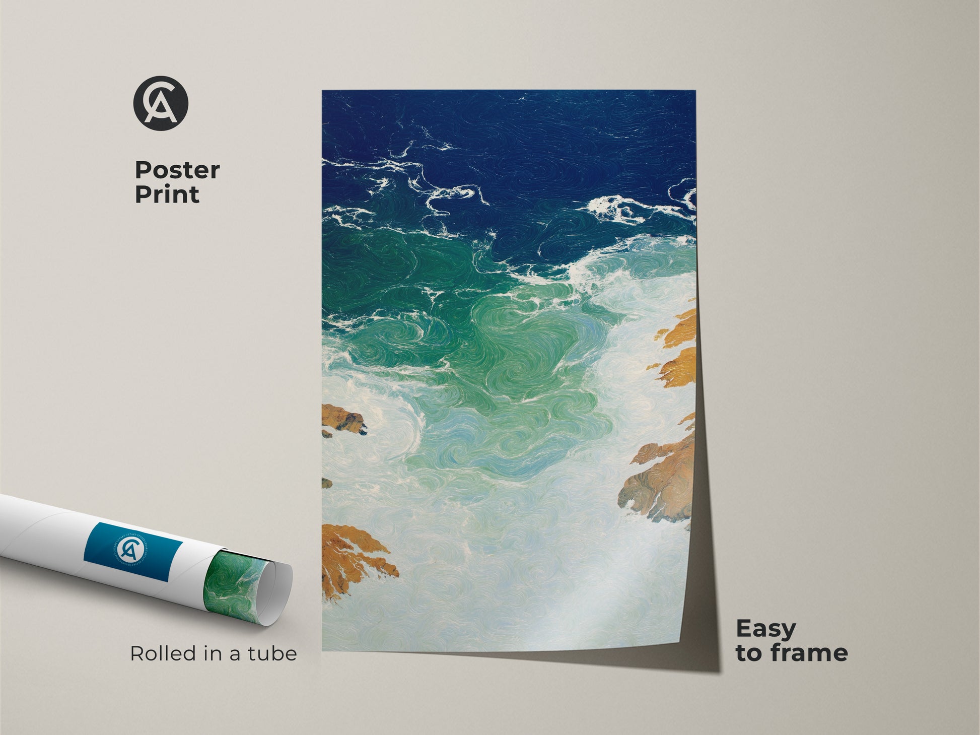 A poster print shows deep blue emerald seascape art rolled in a tube. Easy to frame abstract coastline canvas showcases coastal modern wall art. The abstract ocean waves artwork is perfect for a beach lover. Enhance your space with emerald green ocean print or teal blue wave artwork. It's a great housewarming gift.