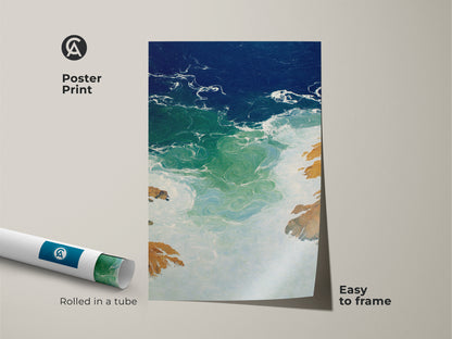 A poster print shows deep blue emerald seascape art rolled in a tube. Easy to frame abstract coastline canvas showcases coastal modern wall art. The abstract ocean waves artwork is perfect for a beach lover. Enhance your space with emerald green ocean print or teal blue wave artwork. It's a great housewarming gift.