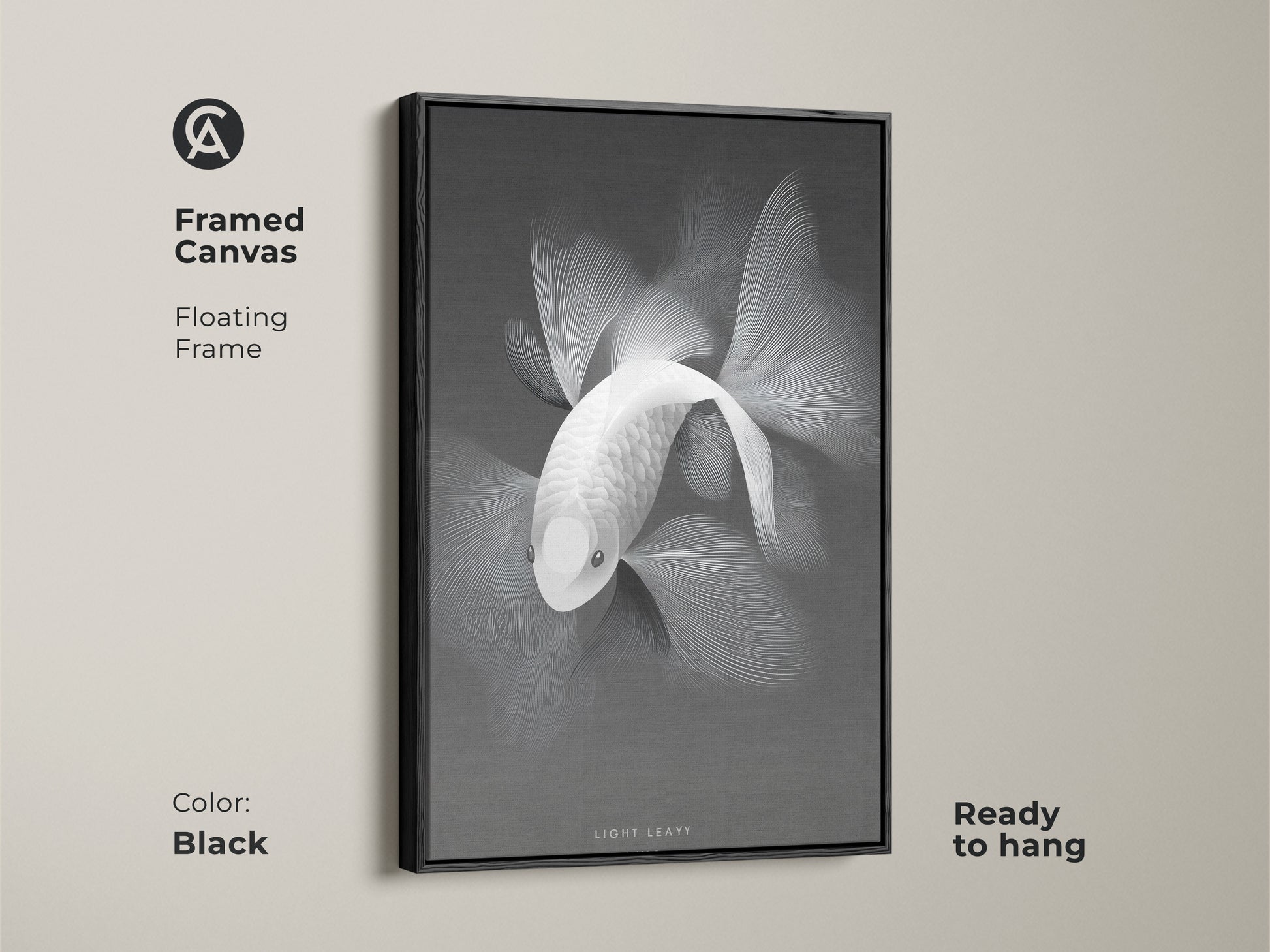 Framed canvas art featuring a monochrome fish. The floating frame in black adds a touch of modern elegance. This canvas is ready to hang. It's a sophisticated choice for home or office decor. Find framed art prints to enhance your wall decor.