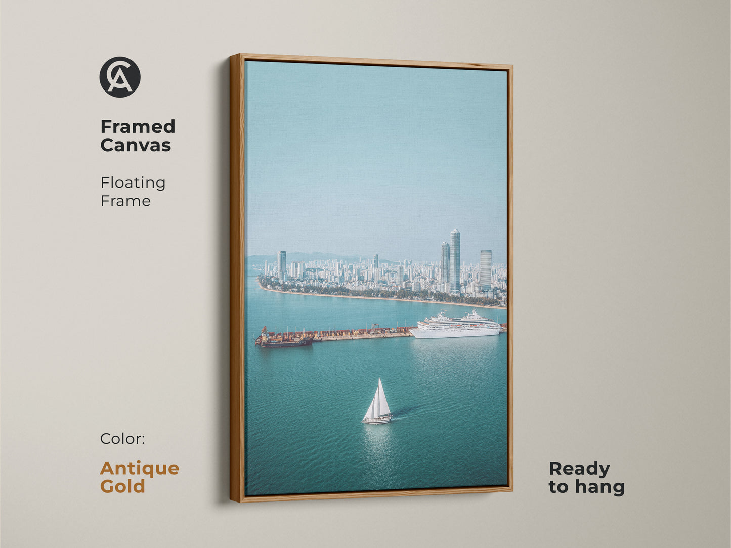 Framed Canvas with a floating antique gold frame. This Ocean View art print features a sailboat cruise ship. Blue teal artwork adds a contemporary touch to any residential space.