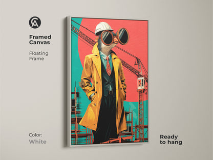 Framed canvas of a surrealist bird architect print is ready to hang. The pop art construction wall art has a white floating frame. Building site art makes for modern office canvas.