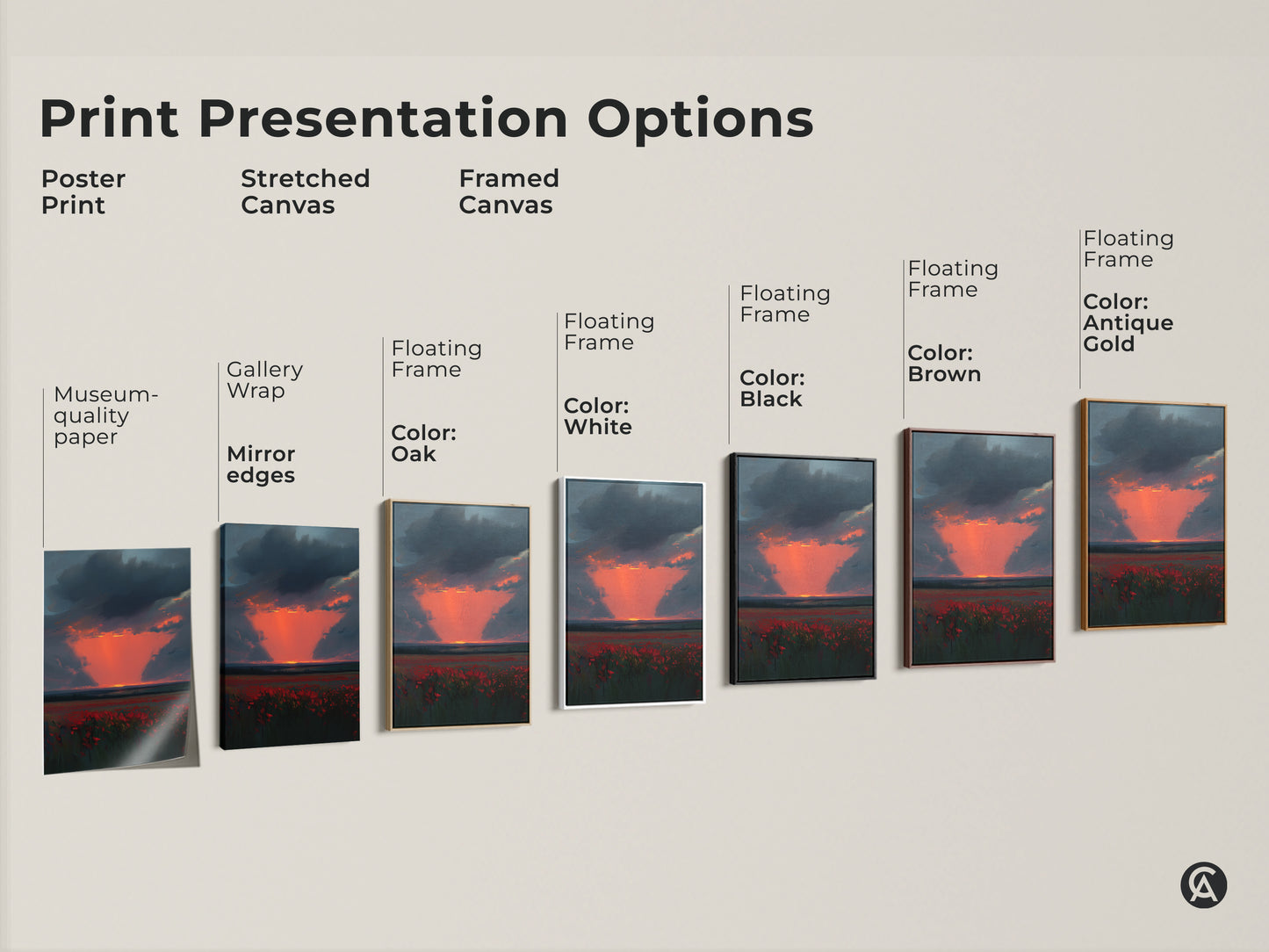 Explore print presentation options for the Crimson Poppy Field artwork. Choose from poster prints stretched canvas and framed canvas. Options include gallery wrap mirror edges and floating frames. Each enhances the sunset landscape.