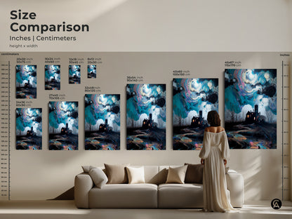 Size comparison of gothic haunted house art prints. The art is featured above a sofa for scale. Canvas and poster options range from small to extra large sizes. Find the ideal surreal landscape wall art for your eclectic gothic decor.